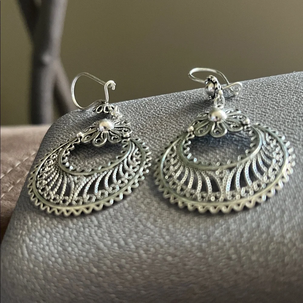 Sterling Silver Turkey Signed Filigree Crescent Moon Floral Dangle Earrings - Picture 5 of 11